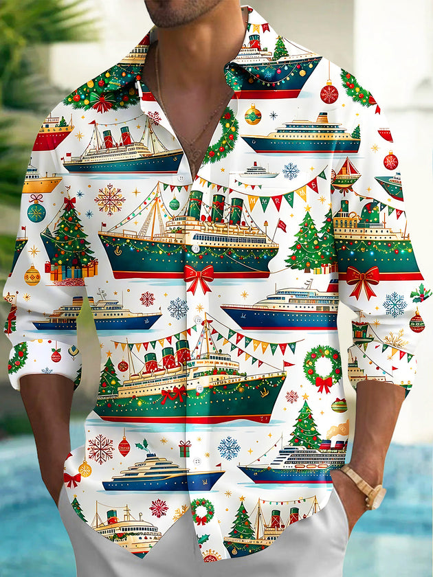Adaychic Men's Long Sleeve Shirt - Christmas Cruise Ships And Holiday Ornaments Print with Chest Pocket