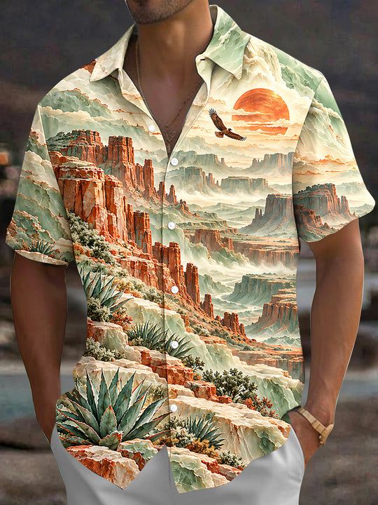 Adaychic Men's Short Sleeve Shirt - Desert Landscape With Red Rock Canyons And Agave Plants Print with Chest Pocket