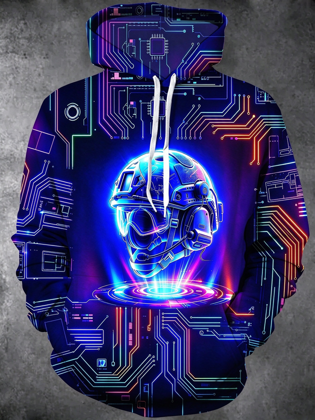 Adaychic Men's Neon Cyber Helmet And Circuit Board Print Long Sleeve Hoodie