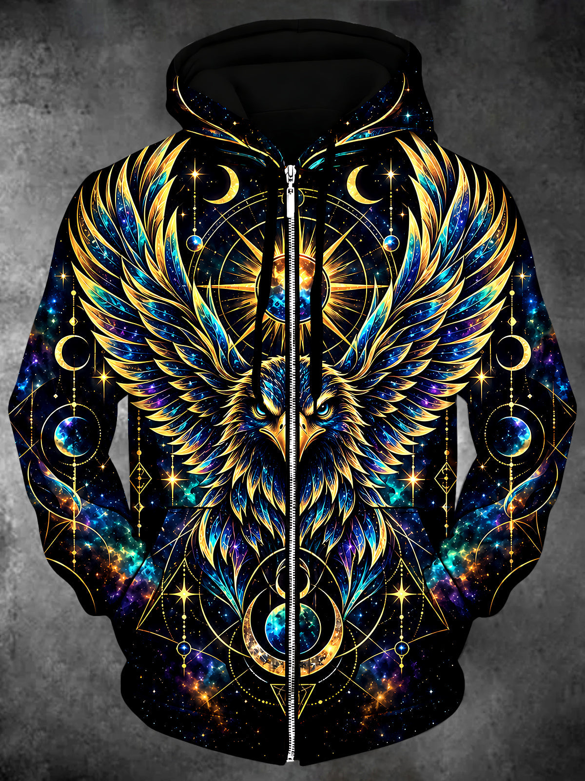 Adaychic Men's Long Sleeve Zip-Up Hoodie - Cosmic Eagle With Celestial Moons And Stars Print with Kangaroo Pocket