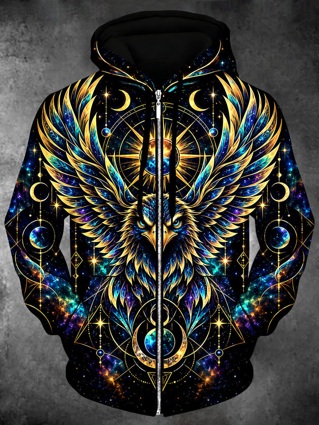 Adaychic Men's Long Sleeve Zip-Up Hoodie - Cosmic Eagle With Celestial Moons And Stars Print with Kangaroo Pocket