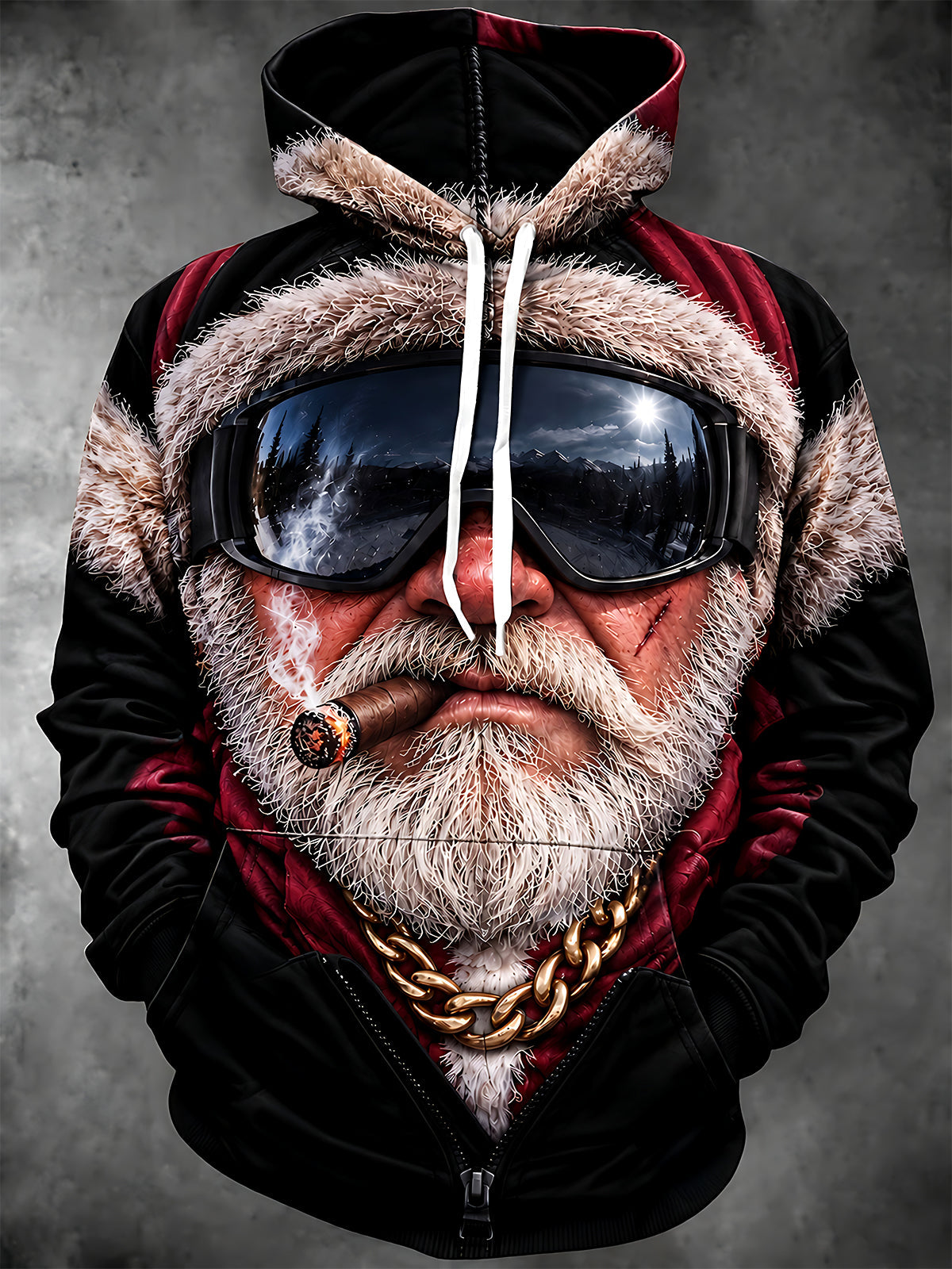 Adaychic Men's Long Sleeve Hoodie - Tough Santa Claus With Ski Goggles And Cigar Print