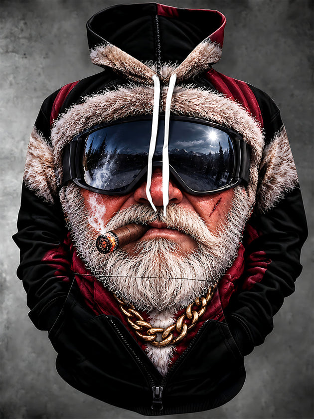 Adaychic Men's Long Sleeve Hoodie - Tough Santa Claus With Ski Goggles And Cigar Print