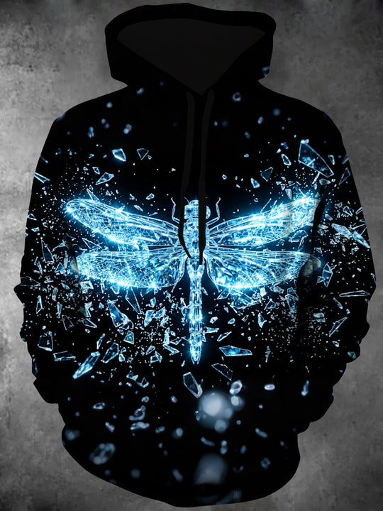 Adaychic Men's Long Sleeve Pullover Hoodie - Crystal Dragonfly With Shattered Glass Print with Kangaroo Pocket