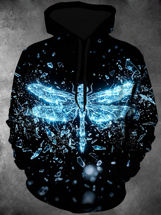 Adaychic Men's Long Sleeve Pullover Hoodie - Crystal Dragonfly With Shattered Glass Print with Kangaroo Pocket