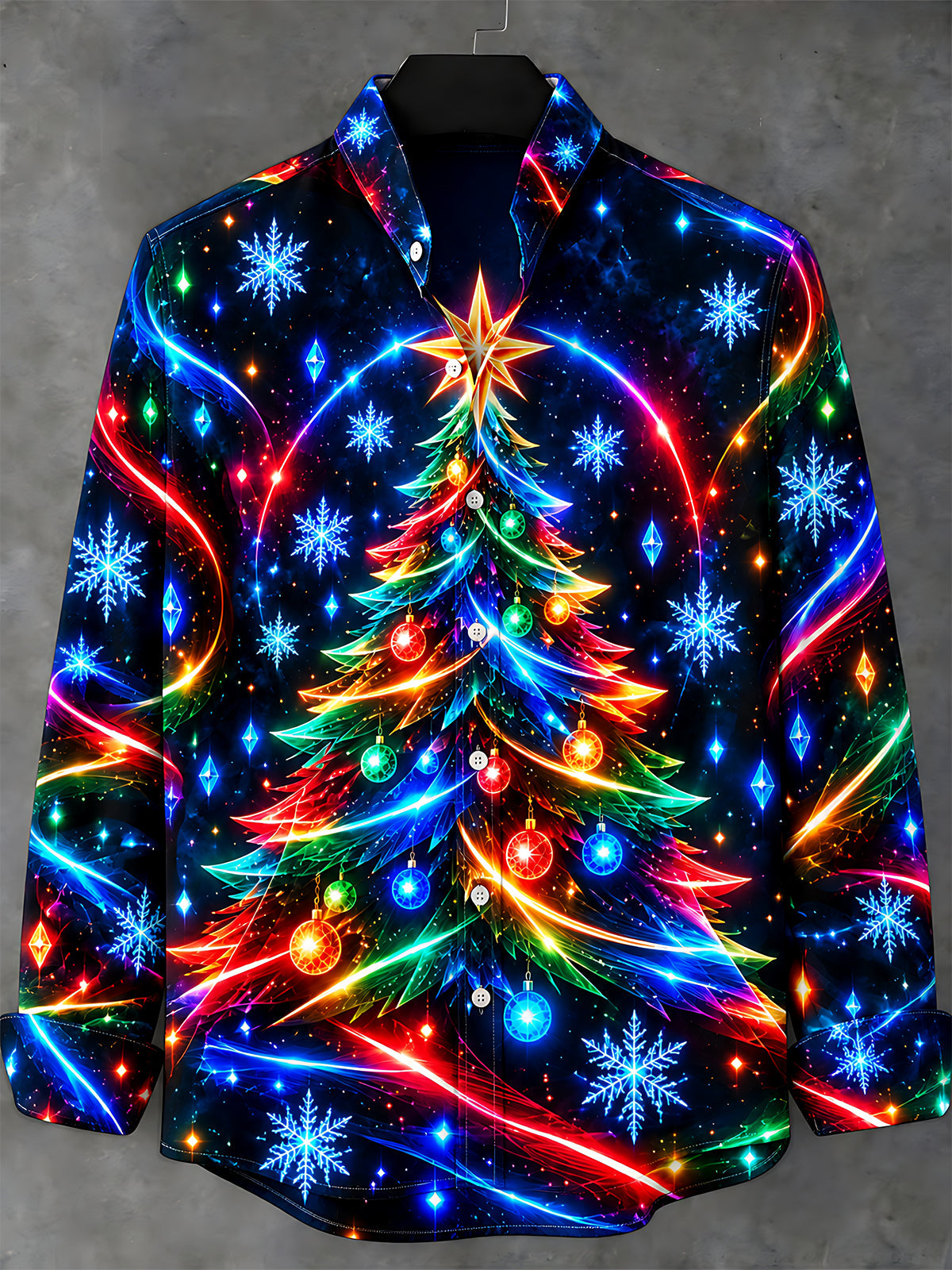 Adaychic Men's Long Sleeve Shirt - Neon Christmas Tree With Ornaments And Star Print
