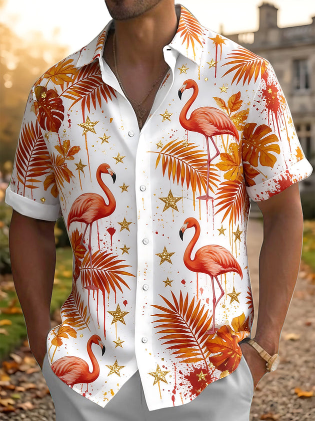 Adaychic Men's Hawaiian Flamingo And Palm Leaves Print Short Sleeve Shirt with Chest Pocket