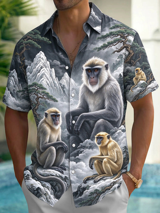 Adaychic Men's Hawaiian Monkeys In Mountain Landscape Print Short Sleeve Shirt with Chest Pocket
