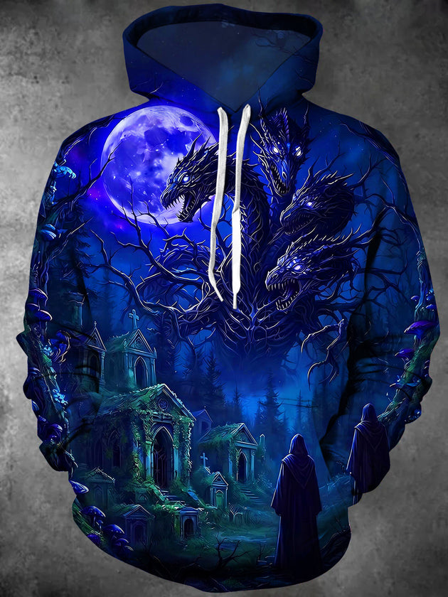 Adaychic Men's Multi-headed Dragon And Graveyard Print Long Sleeve Hoodie