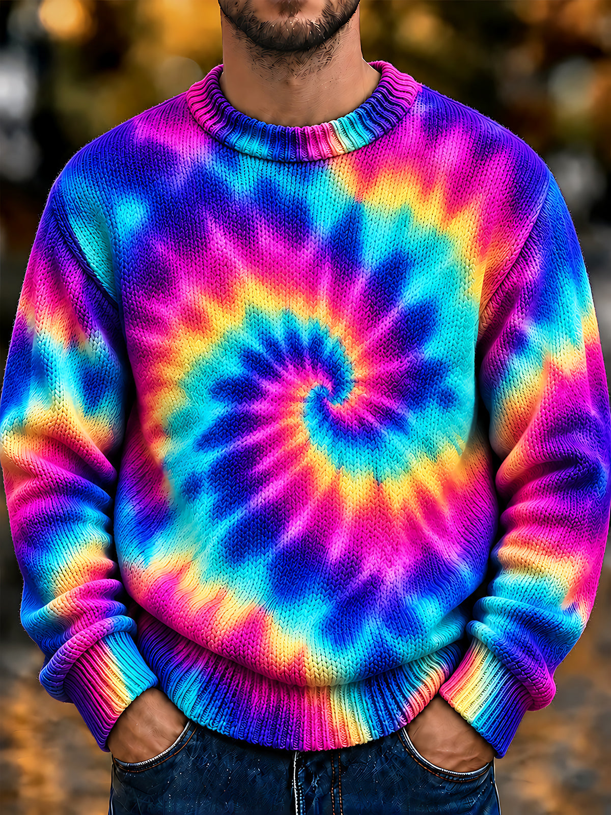 Adaychic Men's Neon Tie Dye Abstract Spiral Print Long Sleeve Crew Neck Sweater