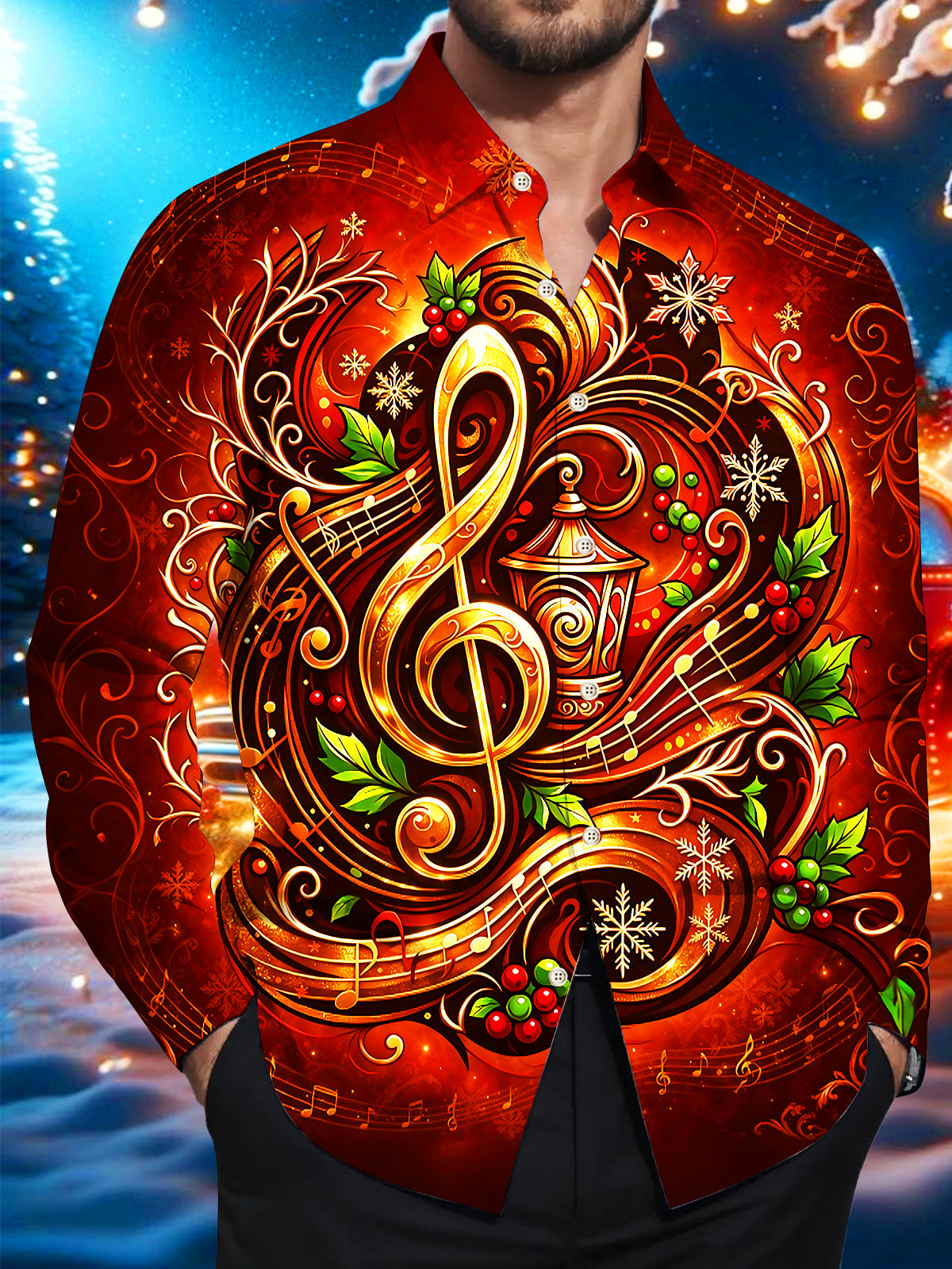 Adaychic Men's Long Sleeve Shirt - Christmas Treble Clef And Musical Notes With Holly And Snowflakes Print with Chest Pocket