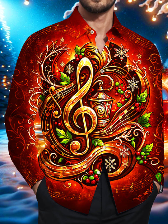 Adaychic Men's Long Sleeve Shirt - Christmas Treble Clef And Musical Notes With Holly And Snowflakes Print with Chest Pocket