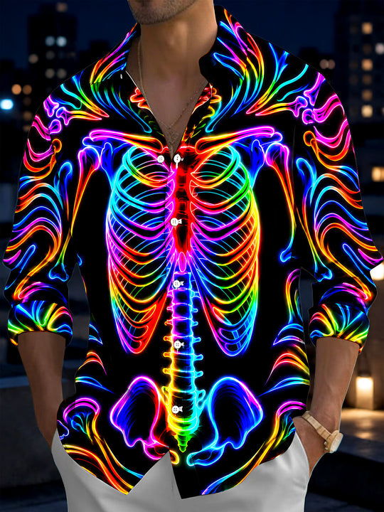 Adaychic Men's Graphic Neon Rainbow Skeleton Print Long Sleeve Shirt with Chest Pocket