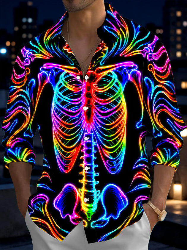 Adaychic Men's Graphic Neon Rainbow Skeleton Print Long Sleeve Shirt with Chest Pocket