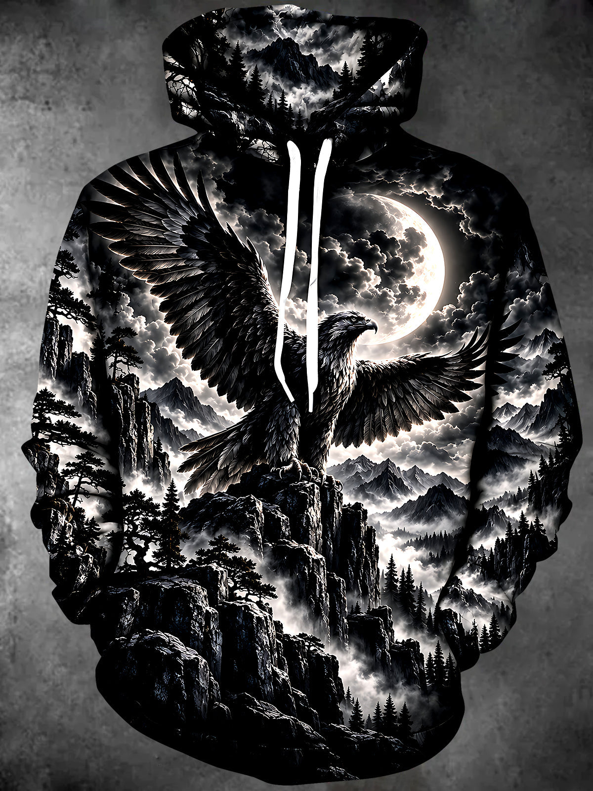 Adaychic Men's Graphic Eagle On Mountain With Moon Print Long Sleeve Hoodie