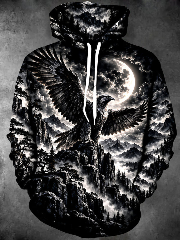 Adaychic Men's Graphic Eagle On Mountain With Moon Print Long Sleeve Hoodie
