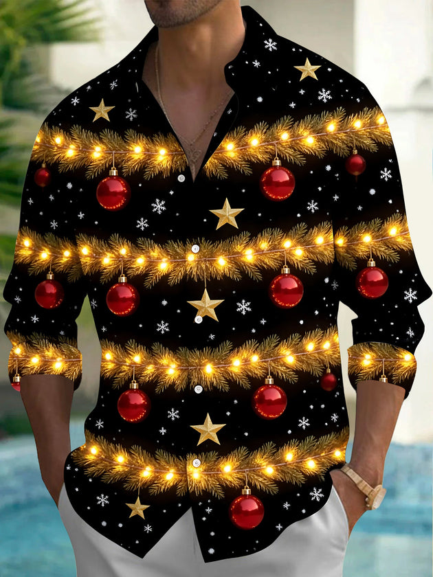 Adaychic Men's Long Sleeve Shirt - Christmas Garland With Lights Ornaments Stars And Snowflakes Print with Chest Pocket