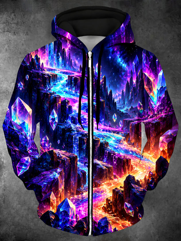 Adaychic Men's Long Sleeve Zip-Up Hoodie - Crystal Fantasy Landscape With Geometric Mountains And Glowing Rivers Print with Kangaroo Pocket
