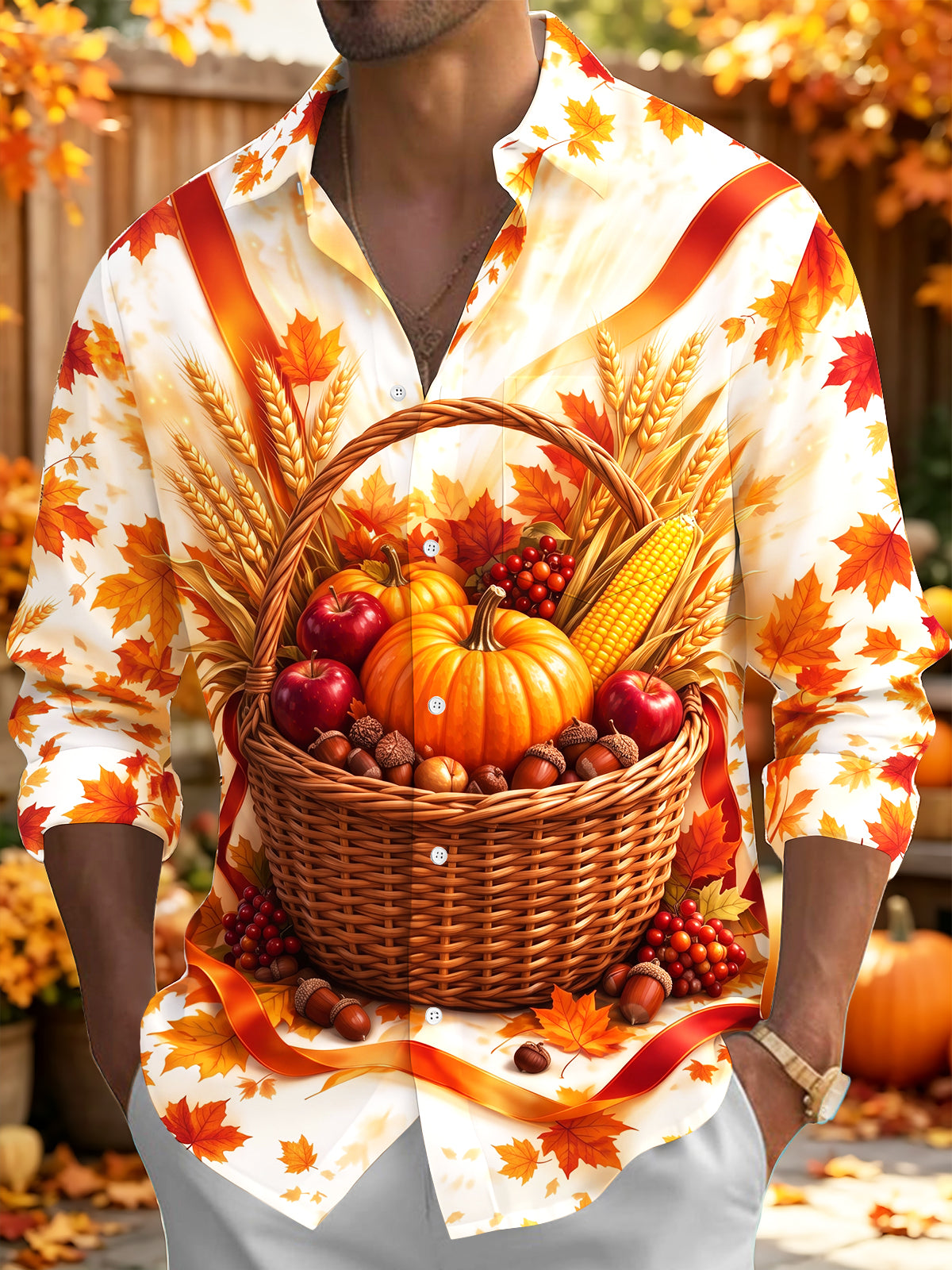 Adaychic Men's Long Sleeve Shirt - Harvest Autumn Harvest Basket With Pumpkins Apples And Wheat Print with Chest Pocket