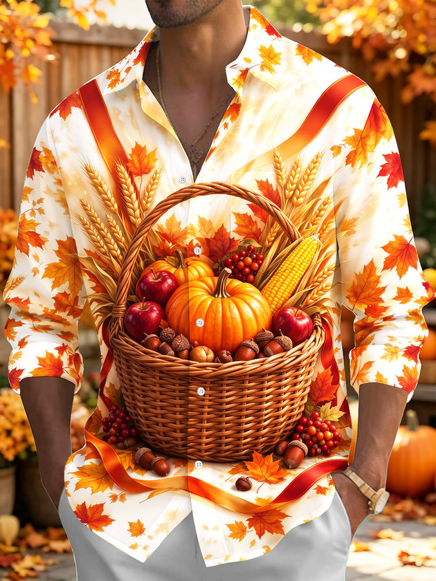 Adaychic Men's Long Sleeve Shirt - Harvest Autumn Harvest Basket With Pumpkins Apples And Wheat Print with Chest Pocket