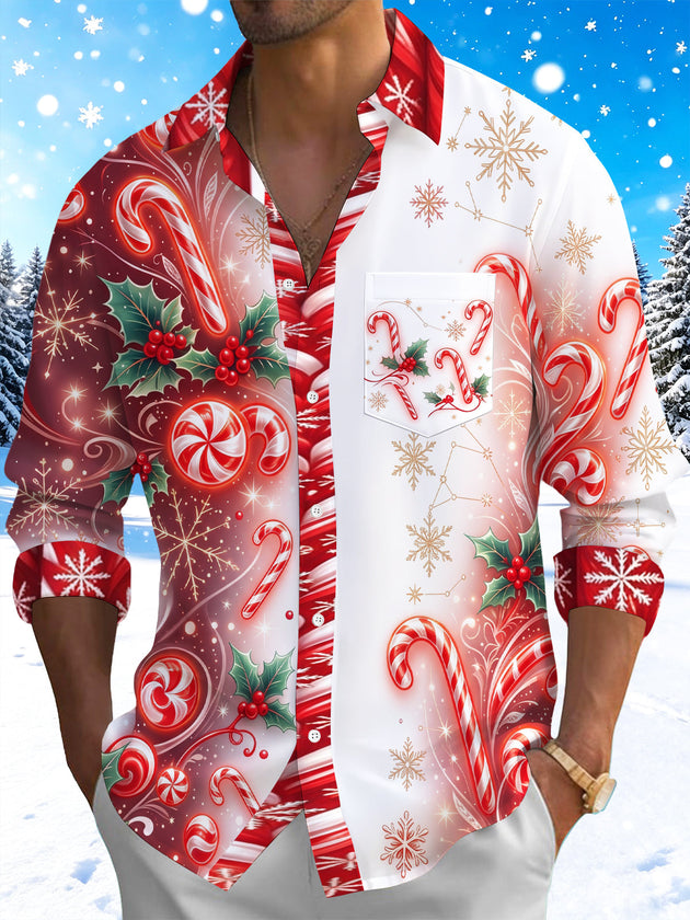 Adaychic Men's Christmas Candy Canes And Holly Berries Print Long Sleeve Shirt with Chest Pocket