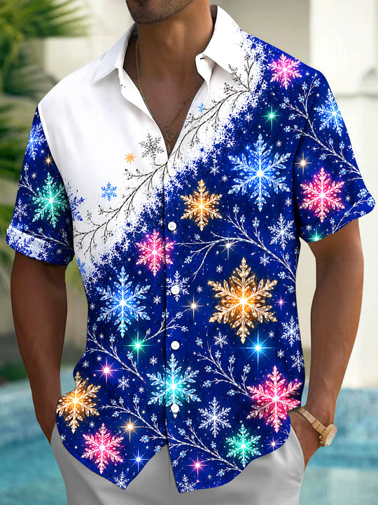 Adaychic Men's Colorful Snowflakes And Branches Print Short Sleeve Shirt with Chest Pocket
