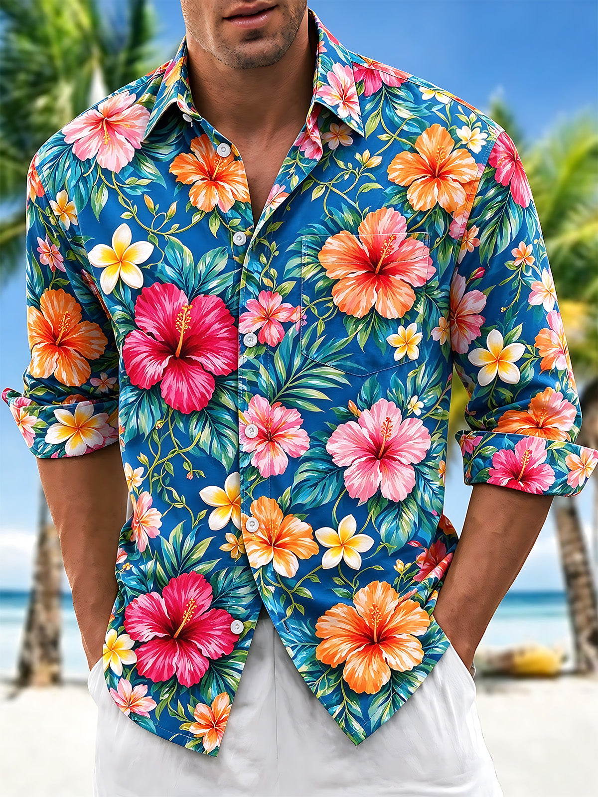 Adaychic Men's Tropical Hibiscus And Plumeria Flowers Print Long Sleeve Shirt with Chest Pocket