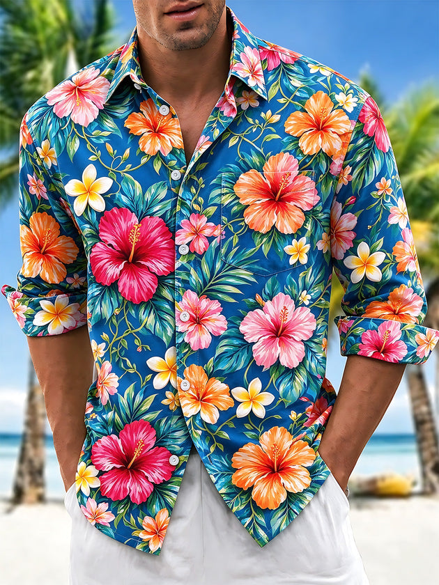 Adaychic Men's Tropical Hibiscus And Plumeria Flowers Print Long Sleeve Shirt with Chest Pocket