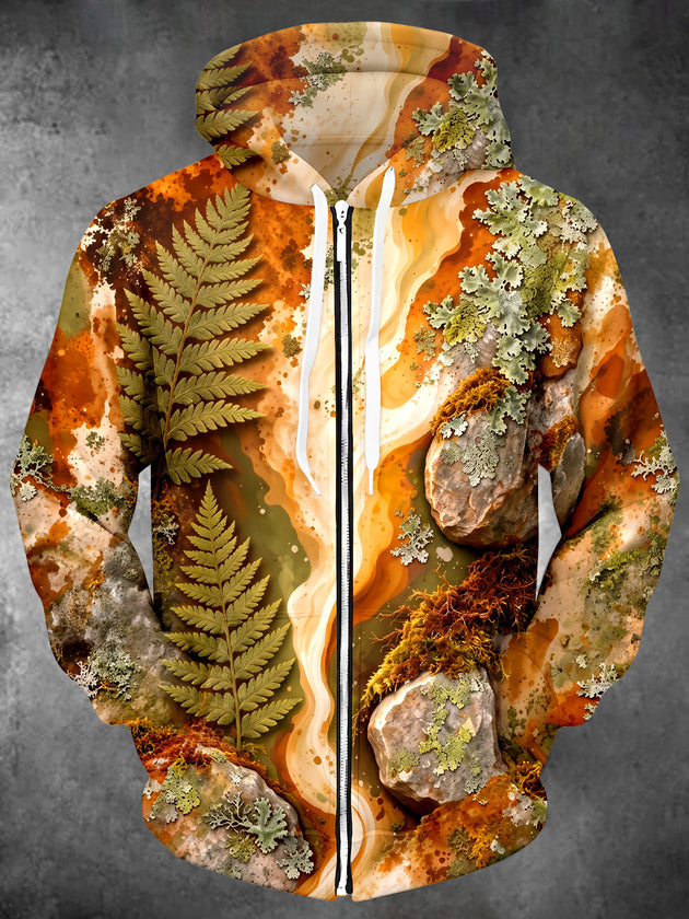 Adaychic Men's Fern Leaves And Mossy Rocks Print Long Sleeve Zip-Up Hoodie