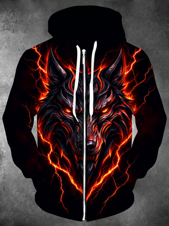 Adaychic Men's Graphic Flame Lightning Wolf Print Long Sleeve Zip-Up Hoodie