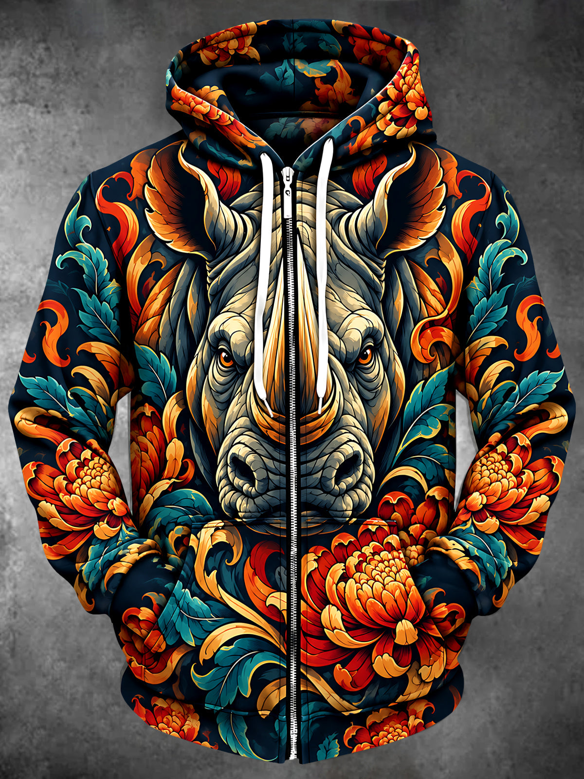 Adaychic Men's Rhino Head And Floral Patterns Print Long Sleeve Zip-Up Hoodie