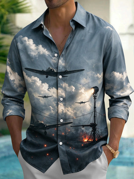 Adaychic Men's Vintage Airplanes And Searchlights Print Long Sleeve Shirt with Chest Pocket