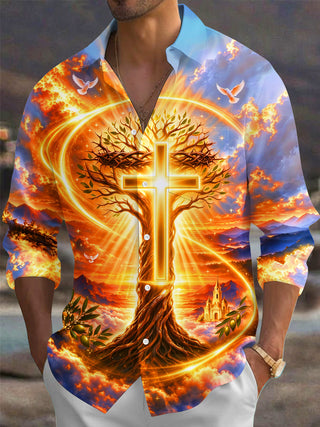 Adaychic Men's Graphic Tree Of Life And Golden Cross Print Long Sleeve Shirt with Chest Pocket
