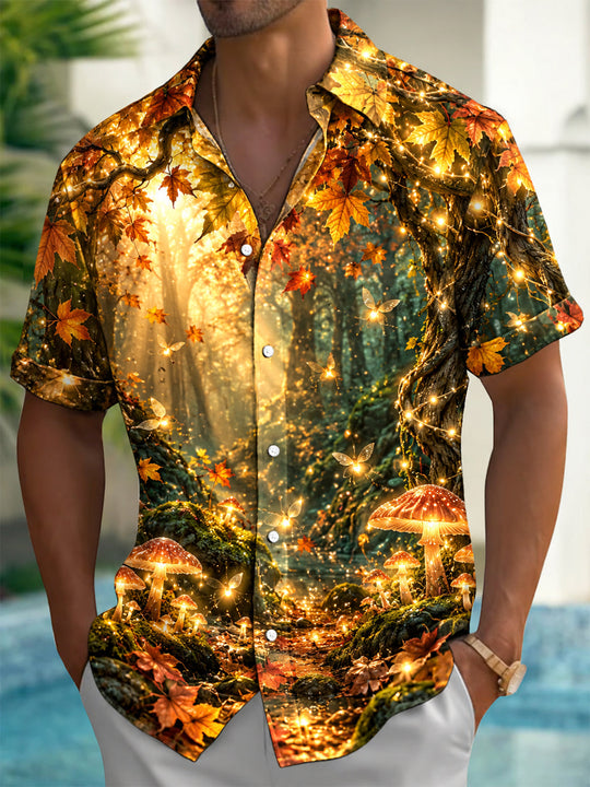 Adaychic Men's Short Sleeve Shirt - Autumn Forest With Glowing Mushrooms And Butterflies Print with Chest Pocket