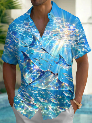 Adaychic Men's Hawaiian Manta Ray Print Ocean Water Print Short Sleeve Shirt with Chest Pocket