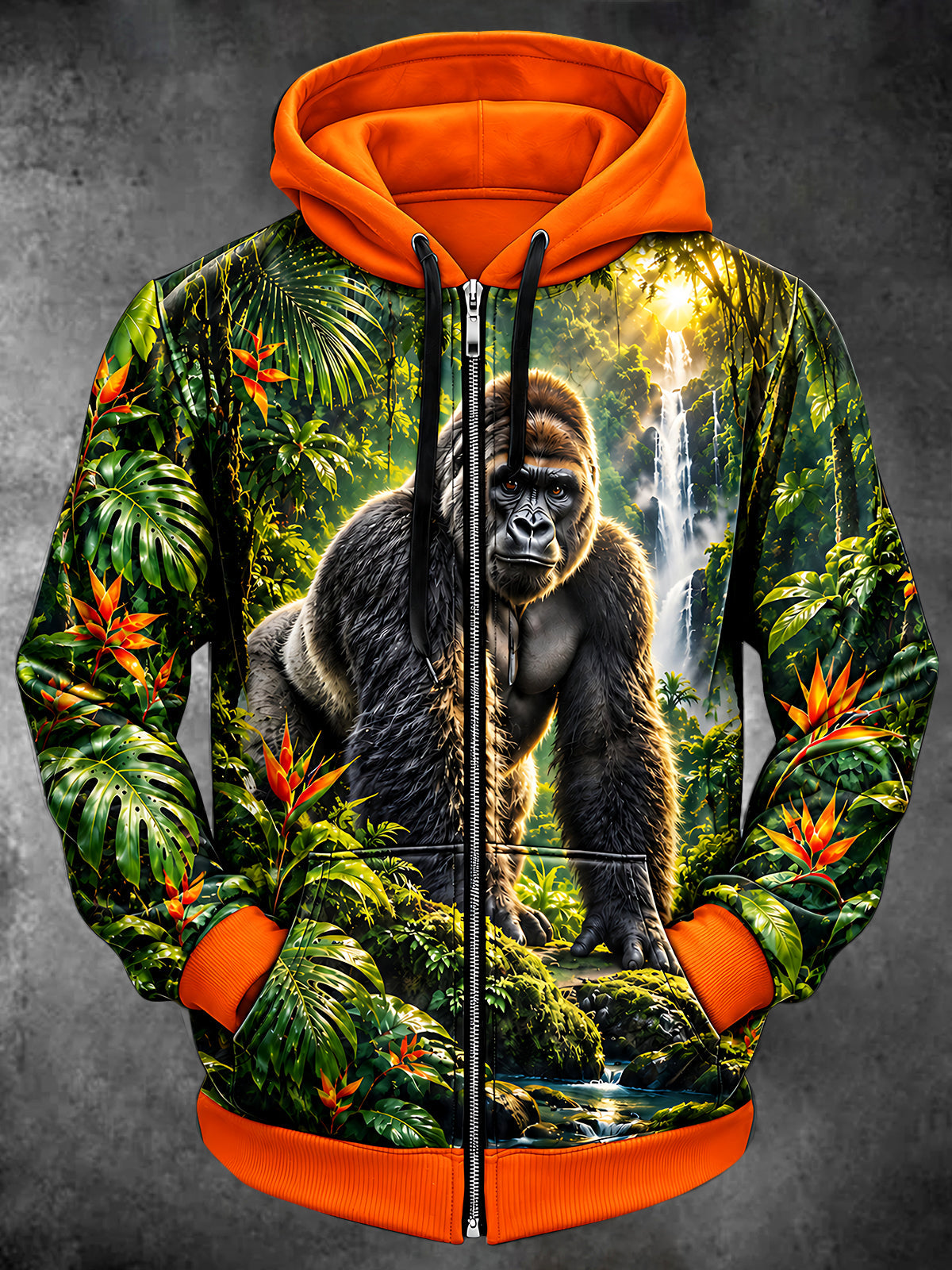 Adaychic Men's Graphic Forest Gorilla In Jungle Print Long Sleeve Zip-Up Hoodie