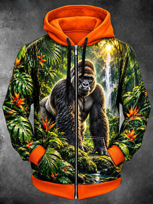Adaychic Men's Graphic Forest Gorilla In Jungle Print Long Sleeve Zip-Up Hoodie