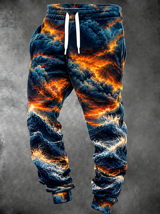 Adaychic Men's Graphic Ocean Waves And Sunset Sky Print Pants