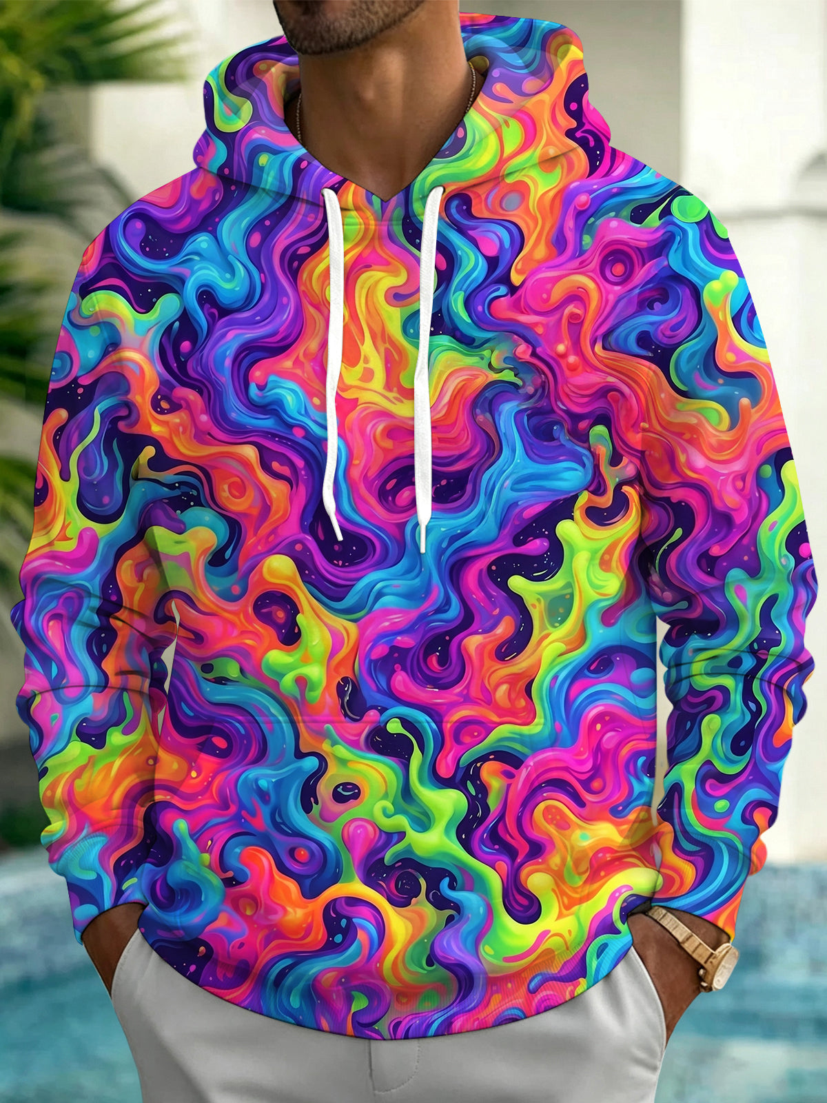 Adaychic Men's Printed Neon Liquid Psychedelic Swirl Pattern Long Sleeve Hoodie