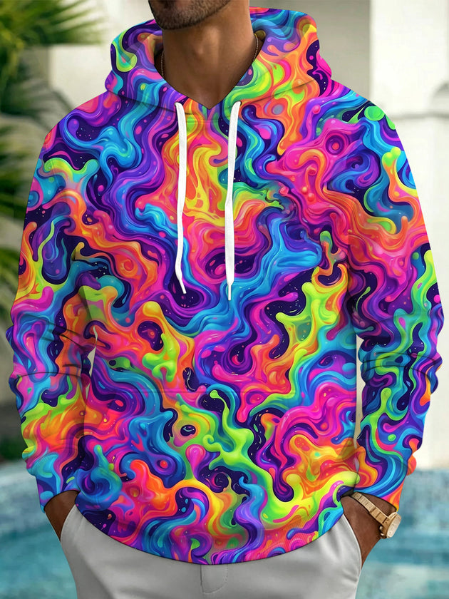 Adaychic Men's Printed Neon Liquid Psychedelic Swirl Pattern Long Sleeve Hoodie