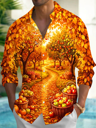 Adaychic Men's Long Sleeve Shirt - Autumn Orchard Path With Apples And Pumpkins Print with Chest Pocket