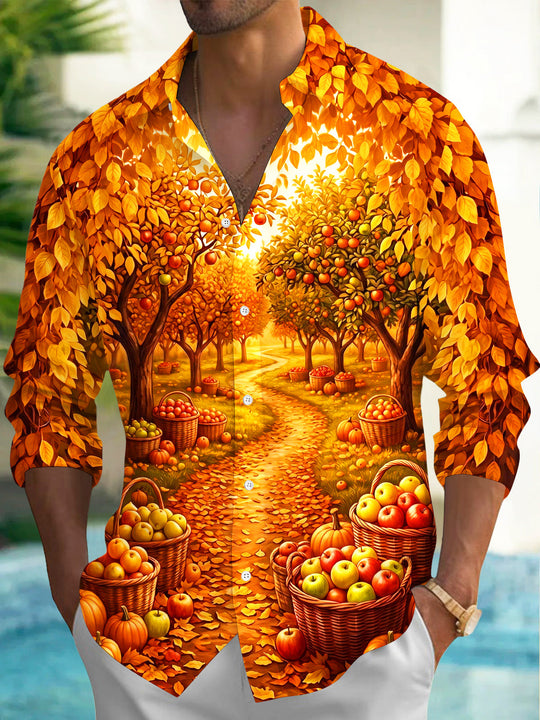 Adaychic Men's Long Sleeve Shirt - Autumn Orchard Path With Apples And Pumpkins Print with Chest Pocket