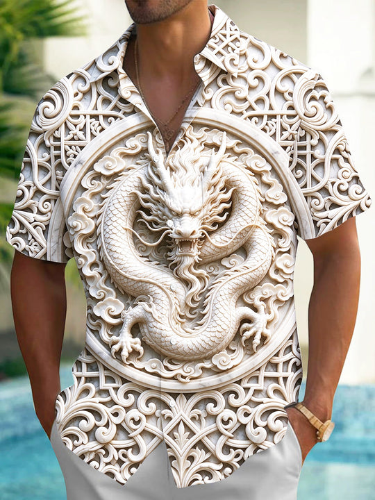 Adaychic Men's Graphic 3D Jade Dragon Relief Print Short Sleeve Shirt with Chest Pocket