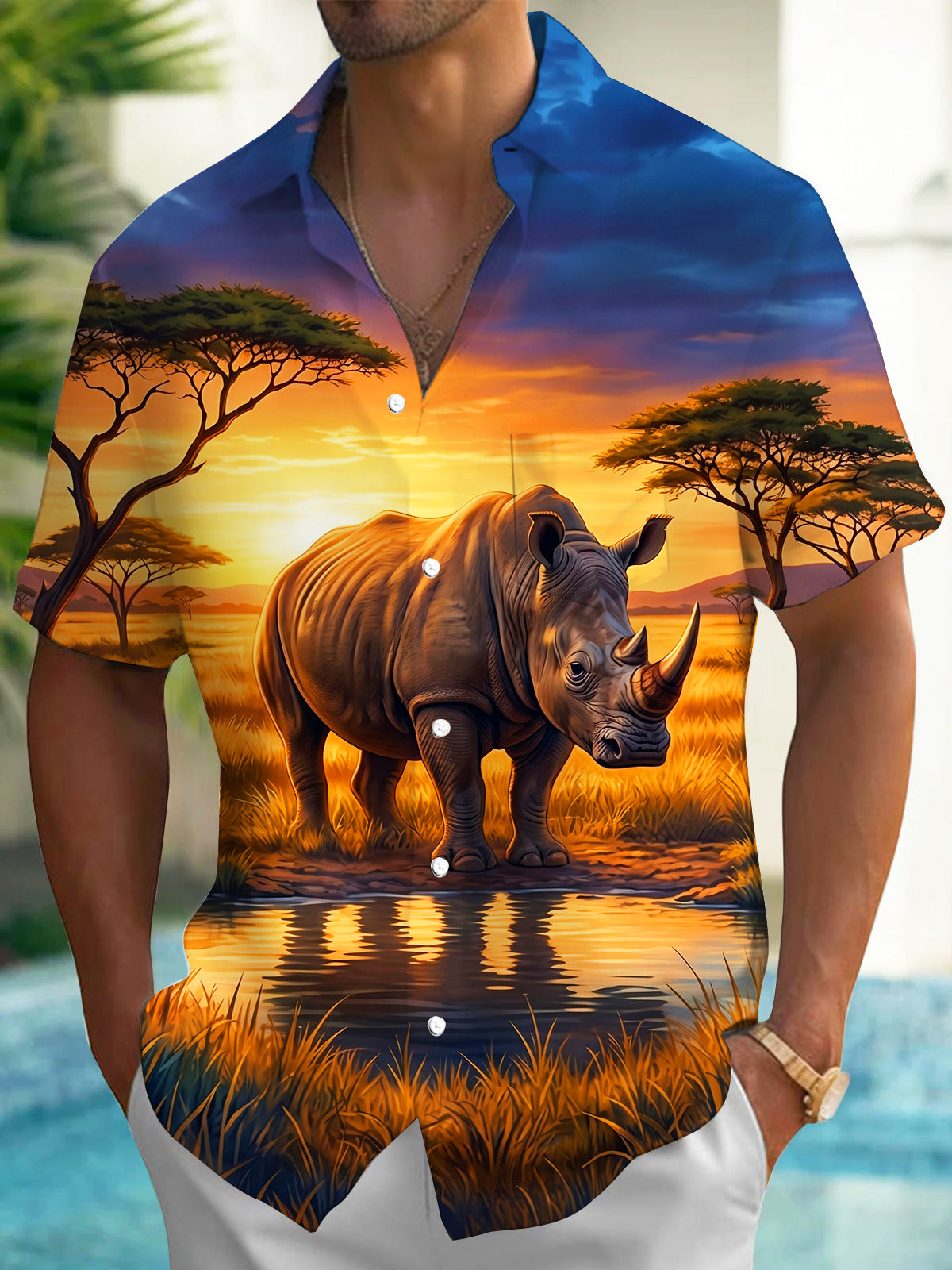 Adaychic Men's Rhino In African Savanna Sunset Print Short Sleeve Shirt with Chest Pocket