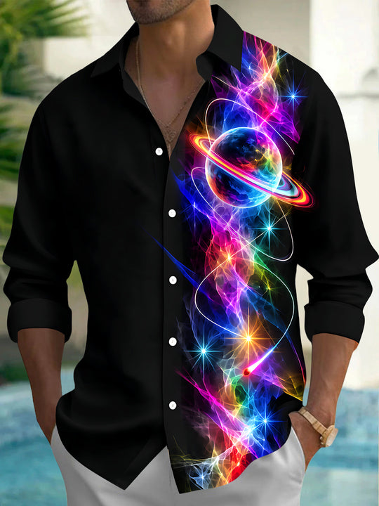 Adaychic Men's Colorful Planet With Rings And Nebula Print Long Sleeve Shirt with Chest Pocket