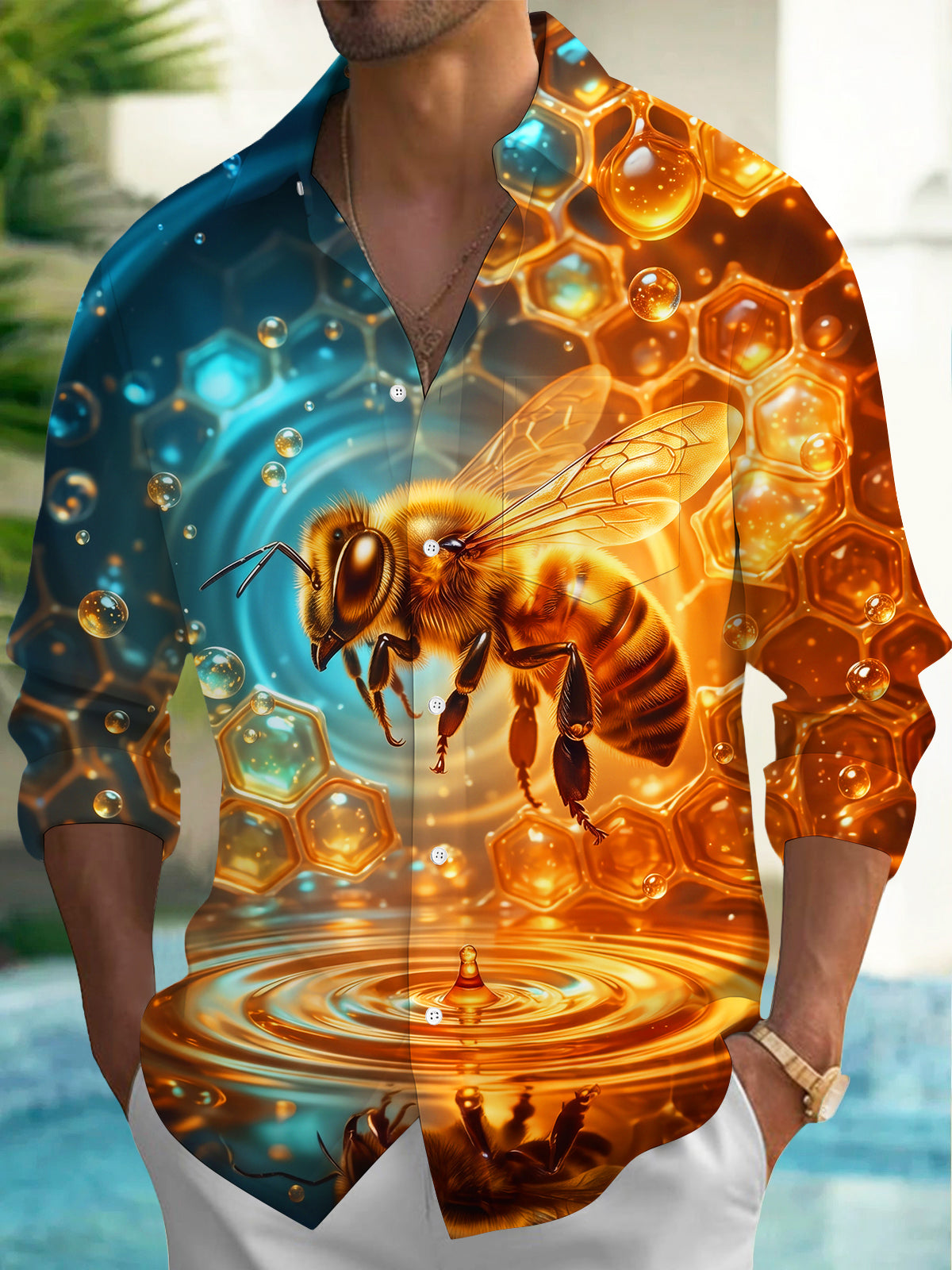 Adaychic Men's Printed Bee And Honeycomb Print Long Sleeve Shirt with Chest Pocket