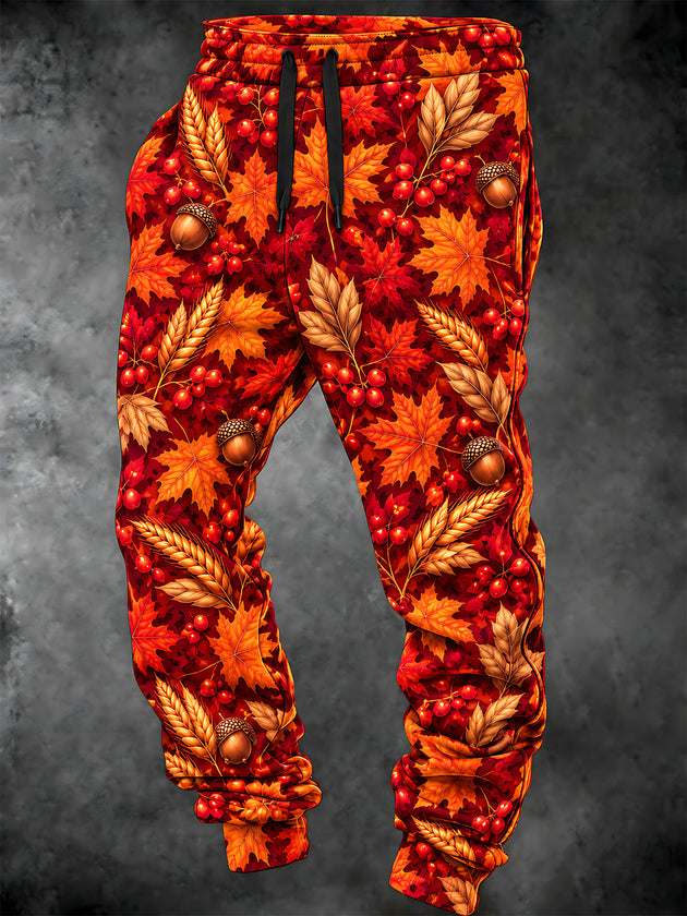 Adaychic Men's Printed Autumn Maple Leaves Acorns Berries And Wheat Print Pants