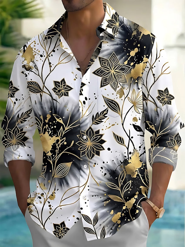 Adaychic Men's Black And Gold Floral Ink Painting Print Long Sleeve Shirt with Chest Pocket
