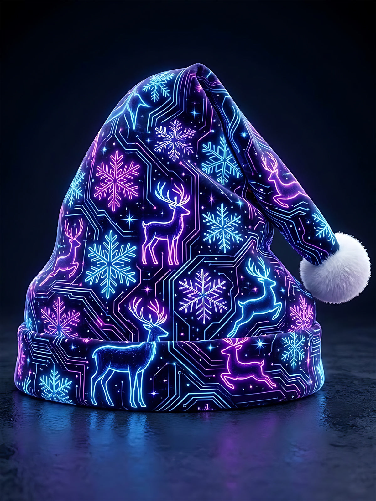 Adaychic Men's Christmas Neon Circuit Board Reindeer And Snowflakes Print Hat