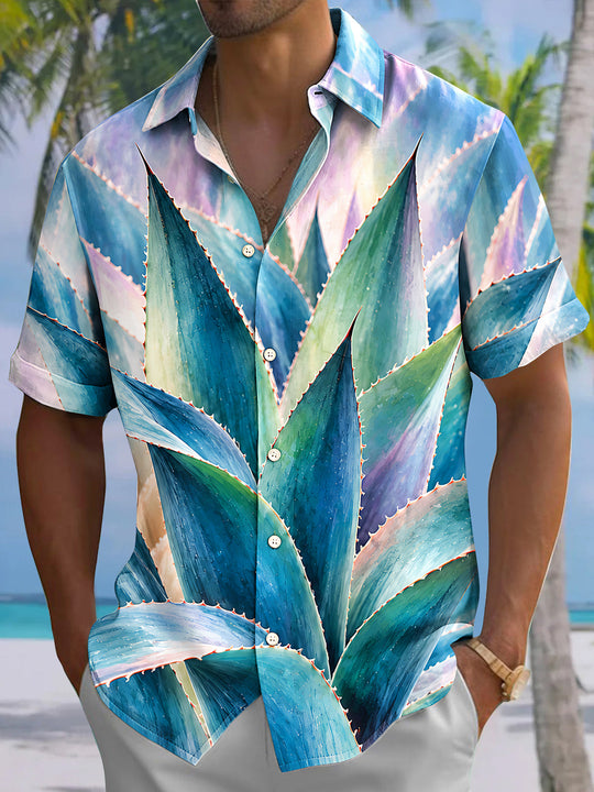 Adaychic Men's Hawaiian Agave Plant Leaves Print Short Sleeve Shirt with Chest Pocket